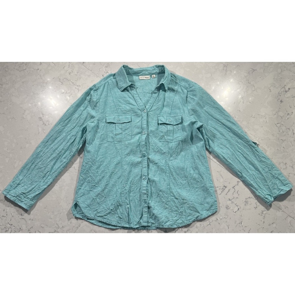 Studio Works Linen Cotton Shirt Womens XL Turquoise Button Up Coastal Roll Tab